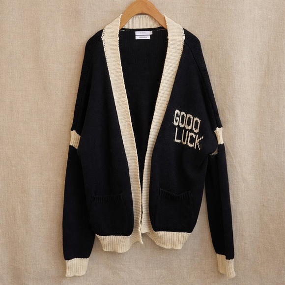 MR. SATURDAY Cardigan Knit Open Front GOOD LUCK Graphic Black Cream - Picture 3 of 8